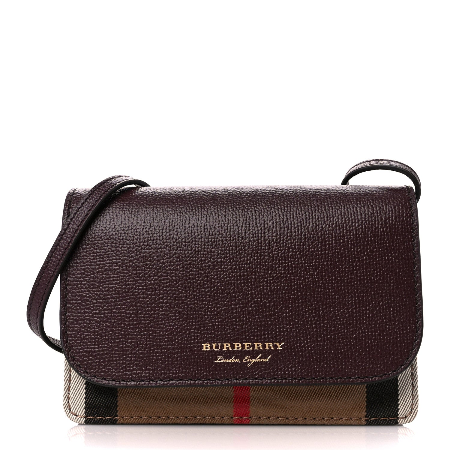 Burberry Grained Calfskin House Check Tartan Mix Hampshire Wallet On Chain Burgundy 1 of 9