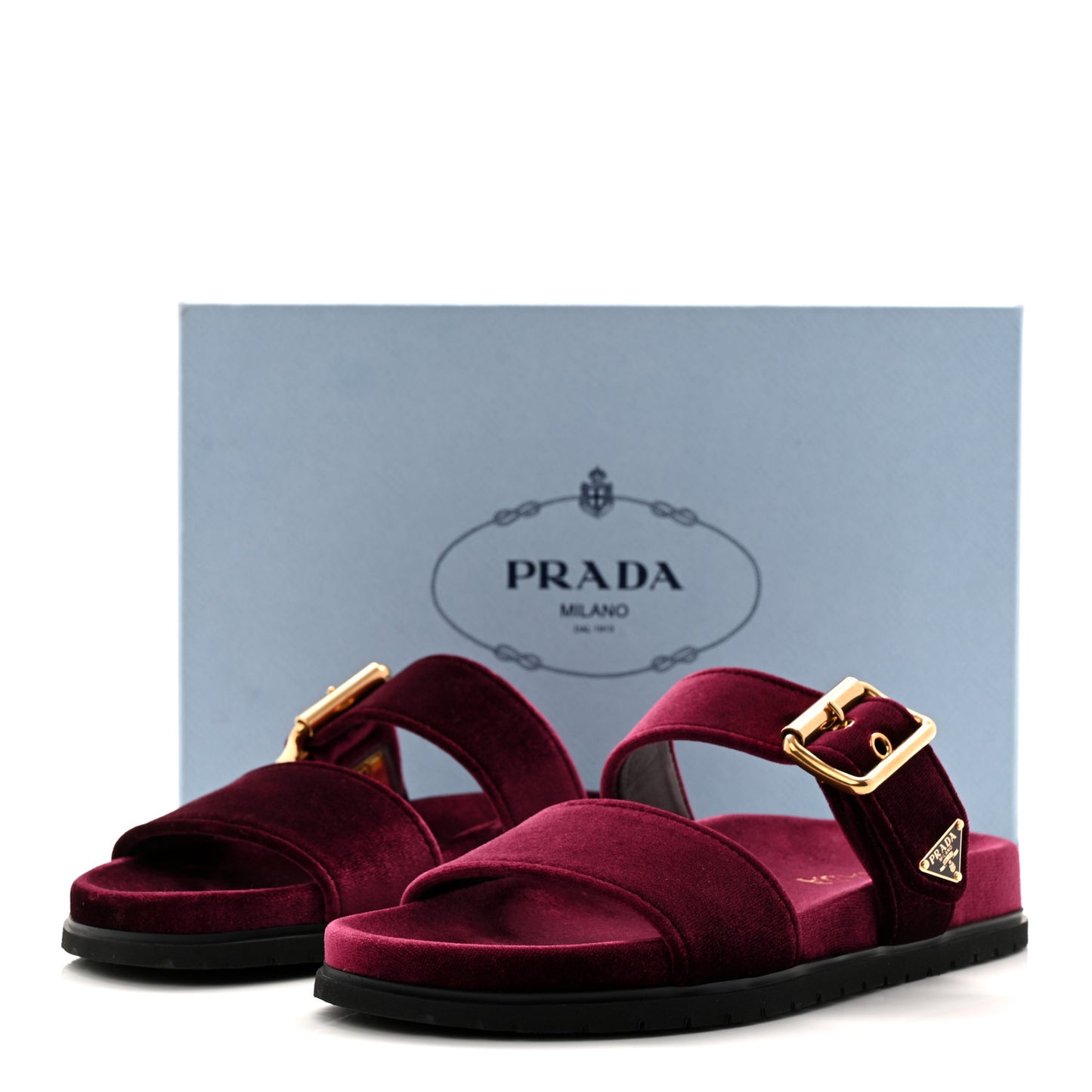 Velvet Metal Triangle Logo Womens Double Buckle 20mm Slide Sandals 37.5 Bordeaux
