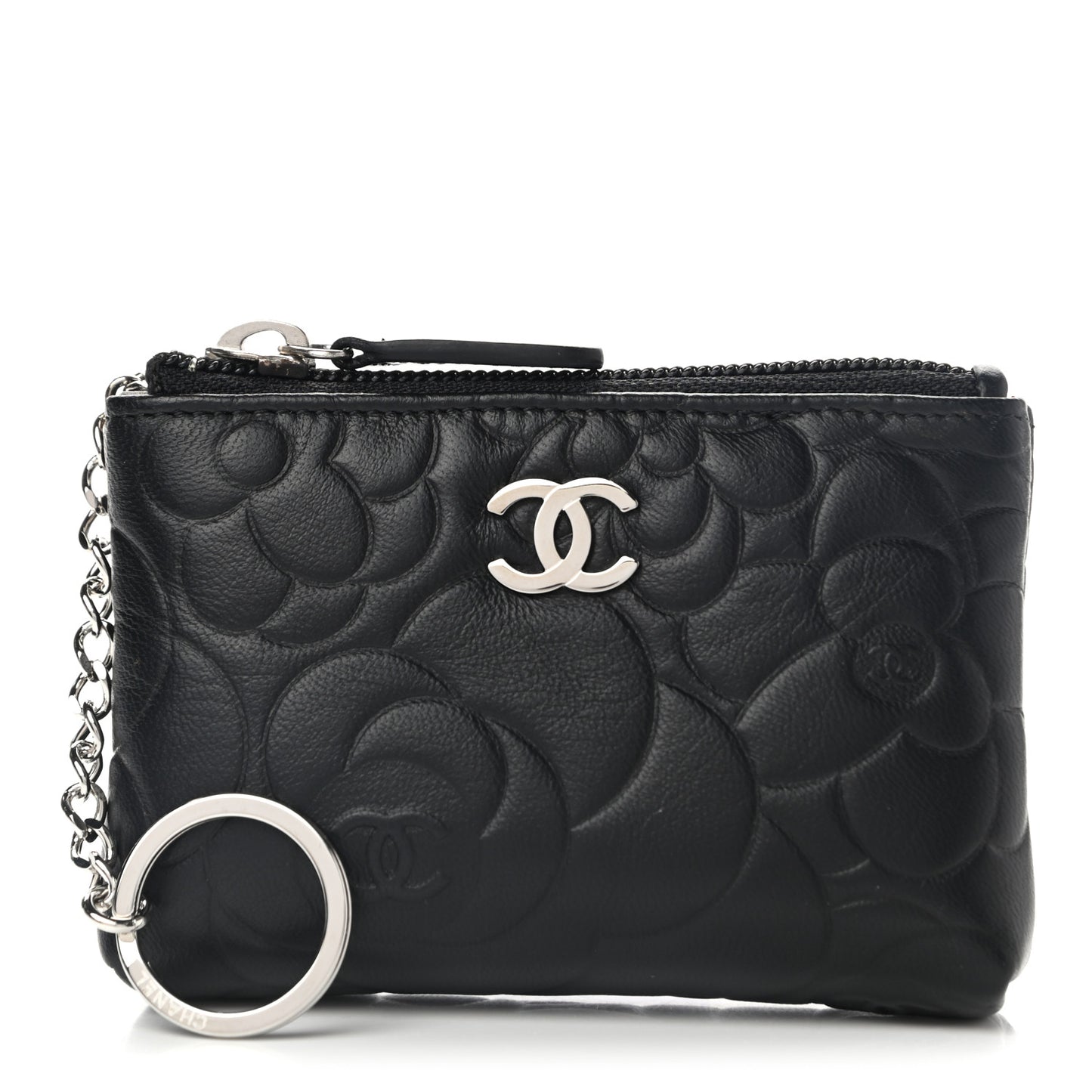 Lambskin Camellia Embossed Key Holder Case Black