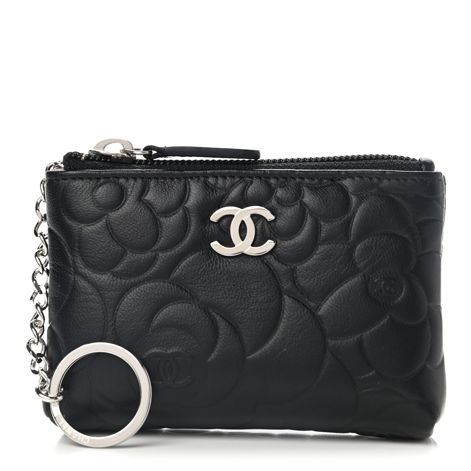 Chanel Lambskin Camellia Embossed Key Holder Case Black 1 of 8