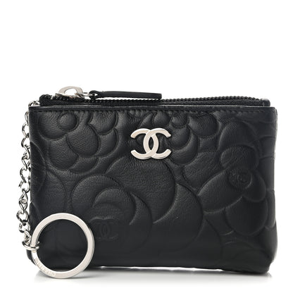 Chanel Lambskin Camellia Embossed Key Holder Case Black 1 of 8