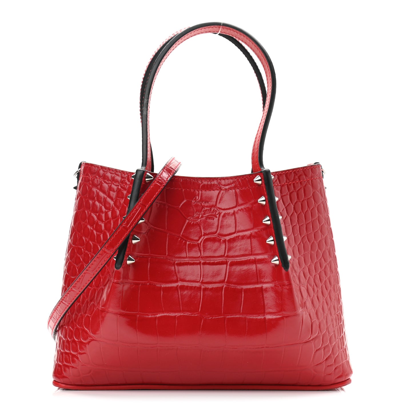 Crocodile Embossed Calfskin Spiked Mini Cabarock Shopper Tote Red