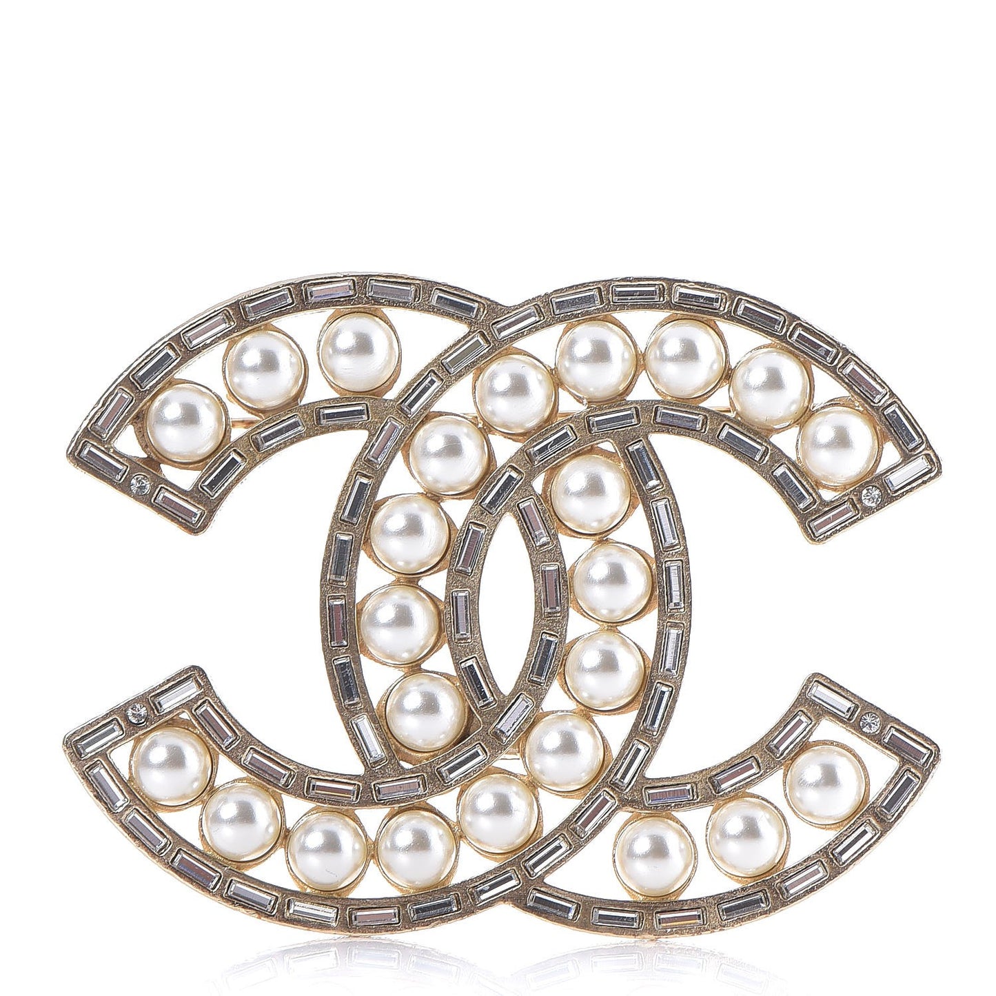 Pearl Baguette Crystal CC Brooch Gold