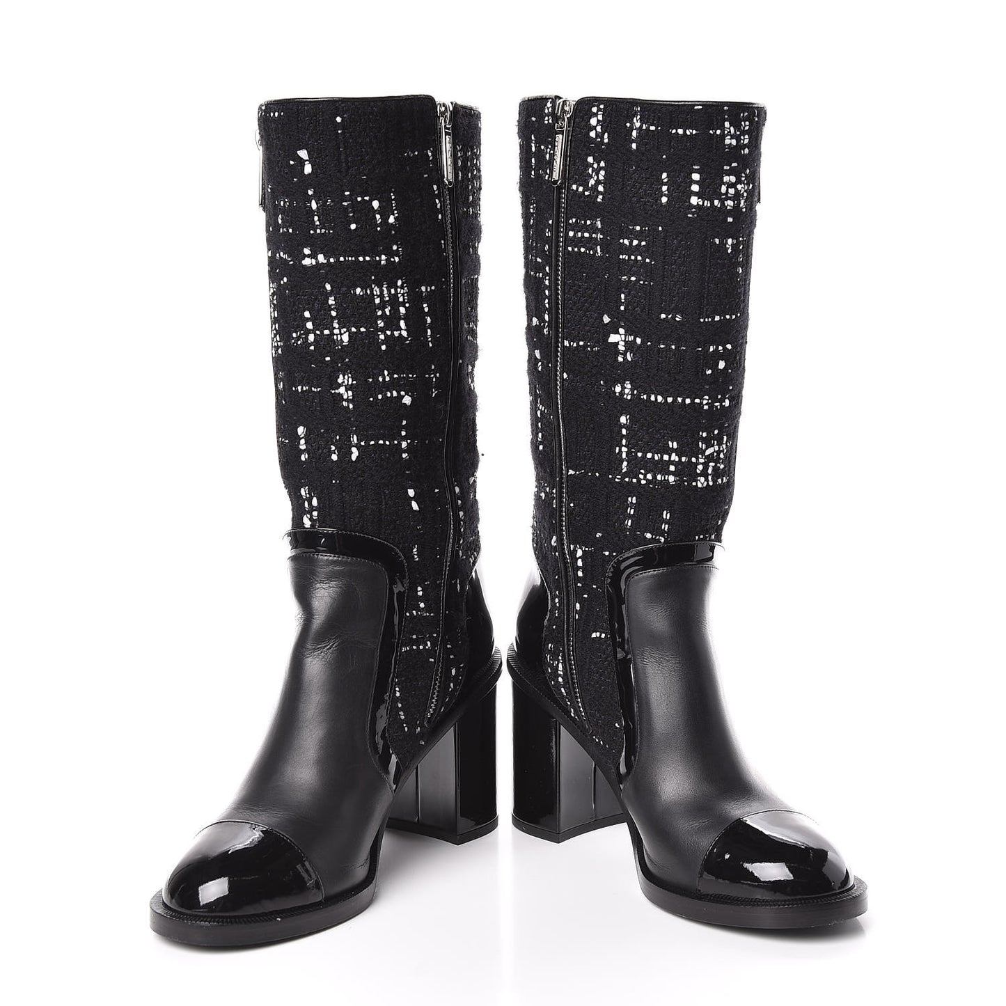 Tweed Calfskin Patent Cap Toe CC High Boots 39 Black Navy White