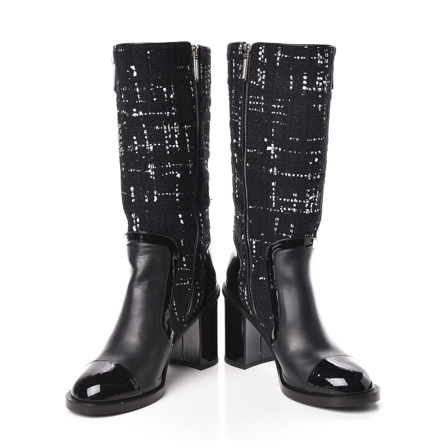 Chanel Tweed Calfskin Patent Cap Toe CC High Boots 39 Black Navy White 6 of 13