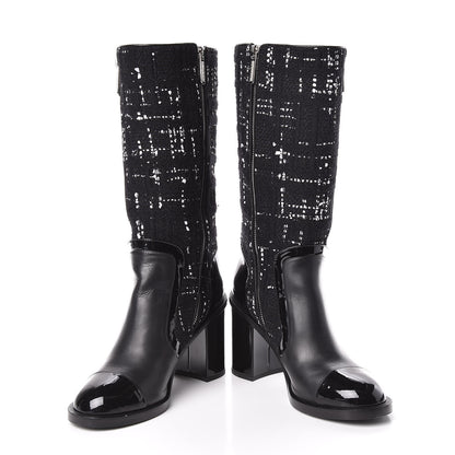 Chanel Tweed Calfskin Patent Cap Toe CC High Boots 39 Black Navy White 6 of 13