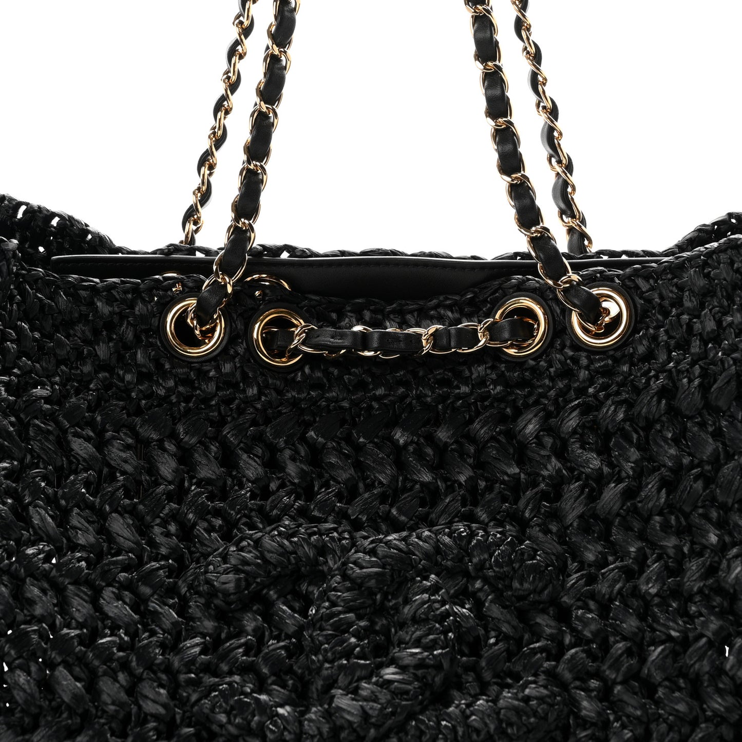 Raffia Effect Calfskin Coco Beach Shopping Tote Black