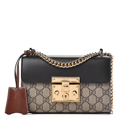 Gucci GG Supreme Monogram Calfskin Small Padlock Shoulder Bag Beige Black Cuir 1 of 11