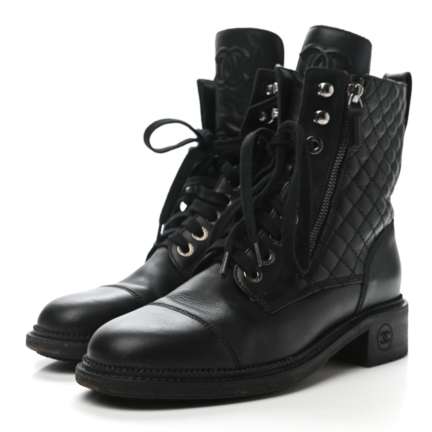 Calfskin Quilted Lace Up Combat Boots 39 Black