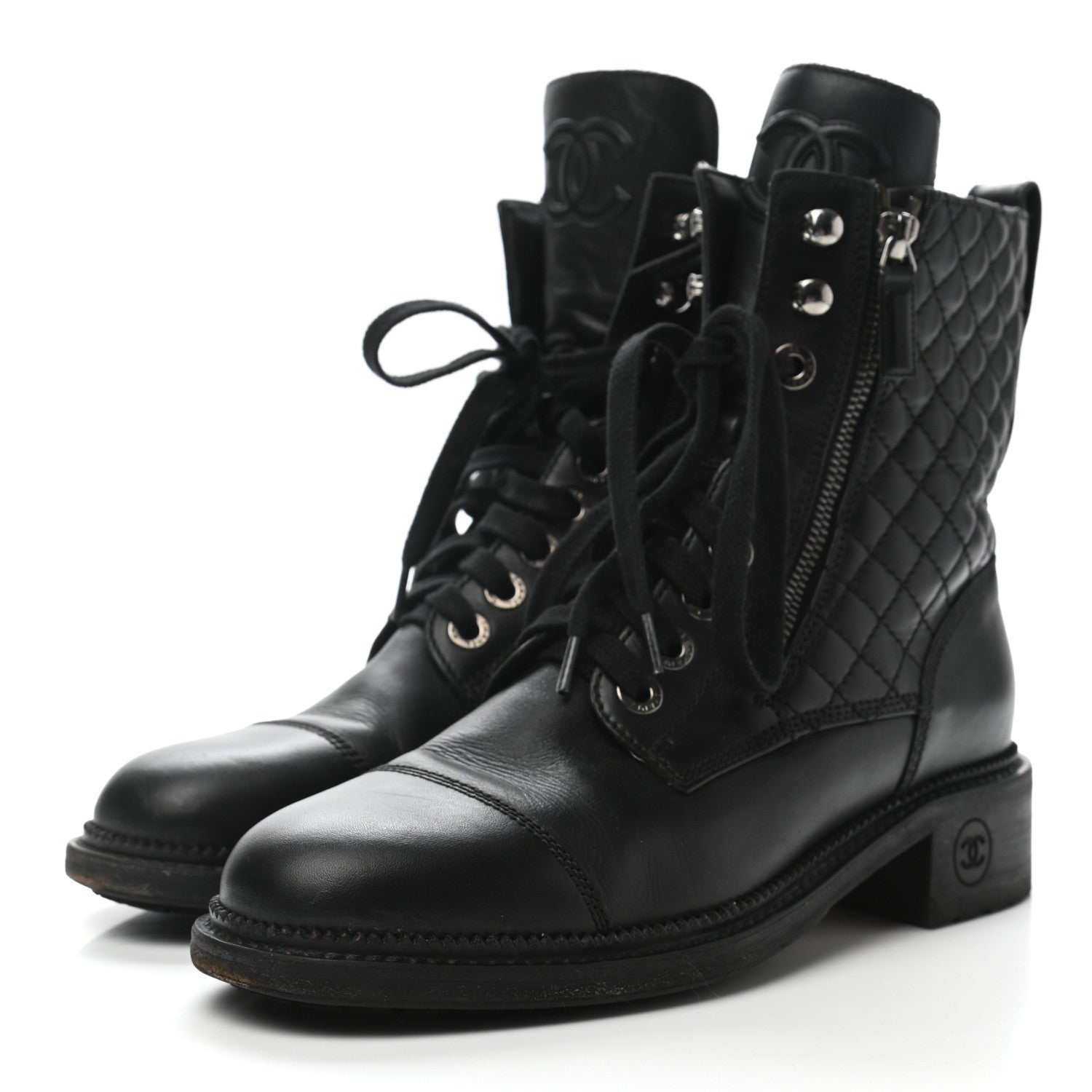 Chanel Calfskin Quilted Lace Up Combat Boots 39 Black 3 of 9
