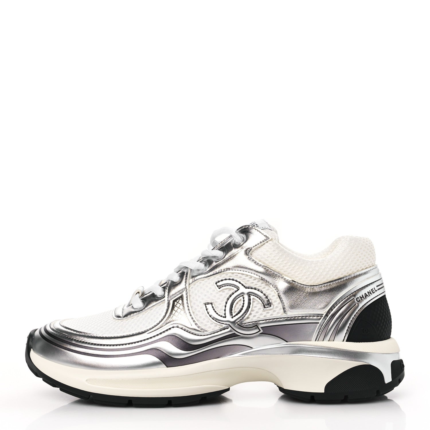 Chanel Fabric Laminated Calfskin Stretch CC Womens Sneakers 39.5 White Silver 1 of 9