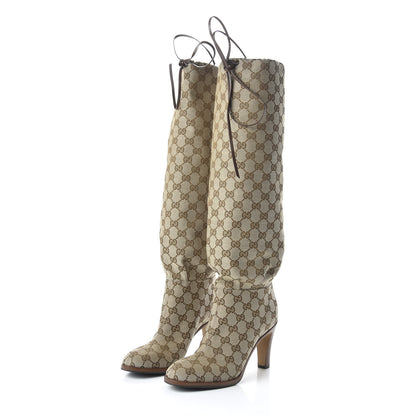 Gucci Monogram Malaga Kid Lisa Mid Heel Boots 38 Beige Ebony 3 of 7