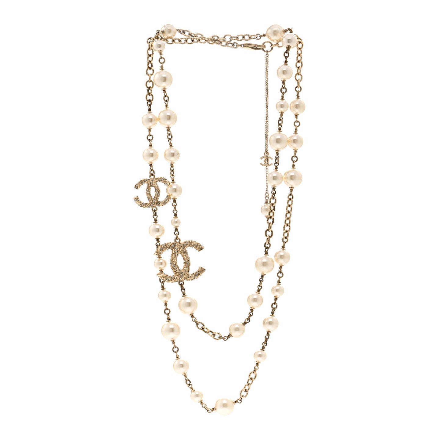 Graduated Pearl Crystal Twisted CC Long Necklace Gold