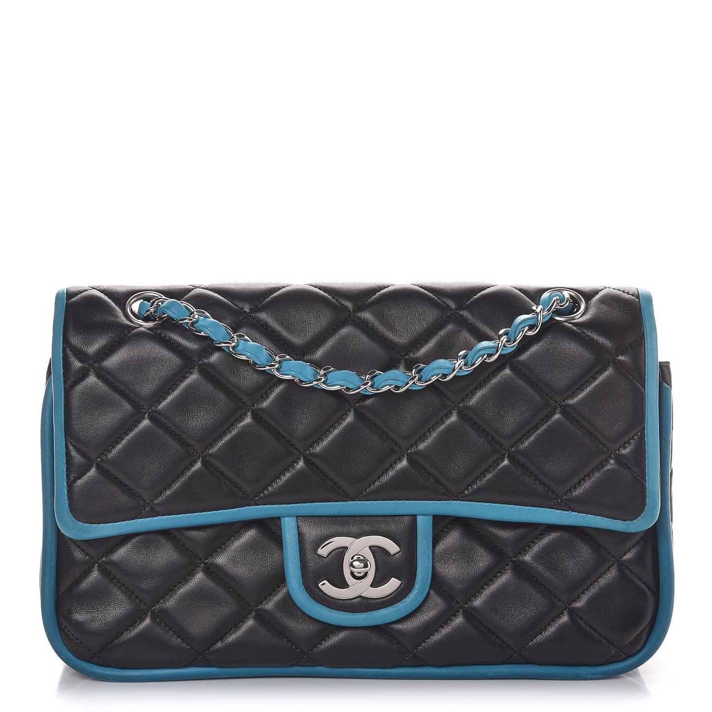Lambskin Quilted Medium Double Flap Black Turquoise
