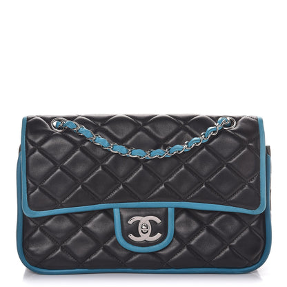 Chanel Lambskin Quilted Medium Double Flap Black Turquoise 1 of 13