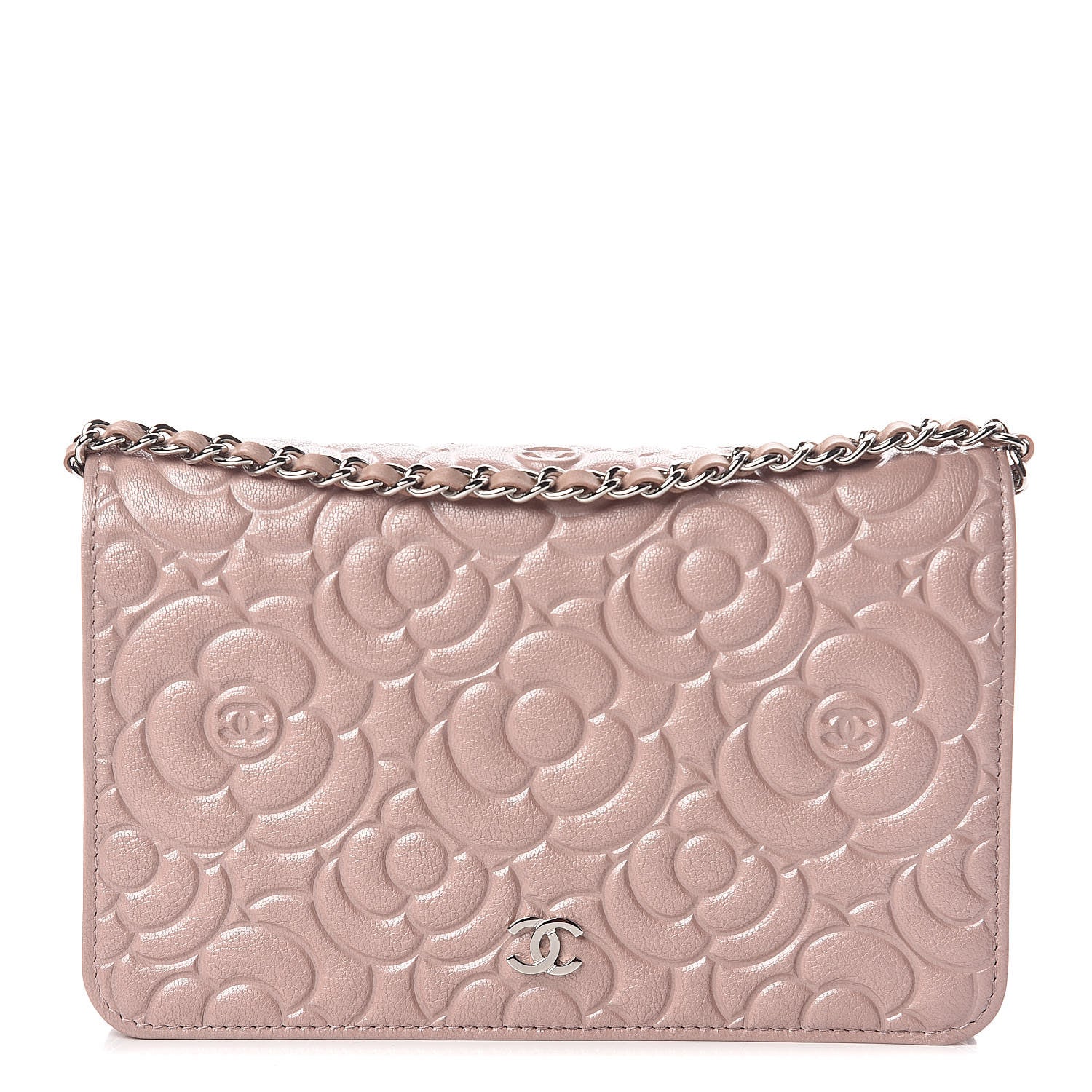 Chanel Goatskin Camellia Embossed Wallet On Chain WOC Light Pink 1 of 11