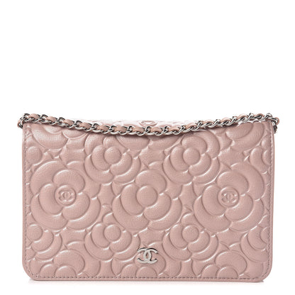 Chanel Goatskin Camellia Embossed Wallet On Chain WOC Light Pink 1 of 11