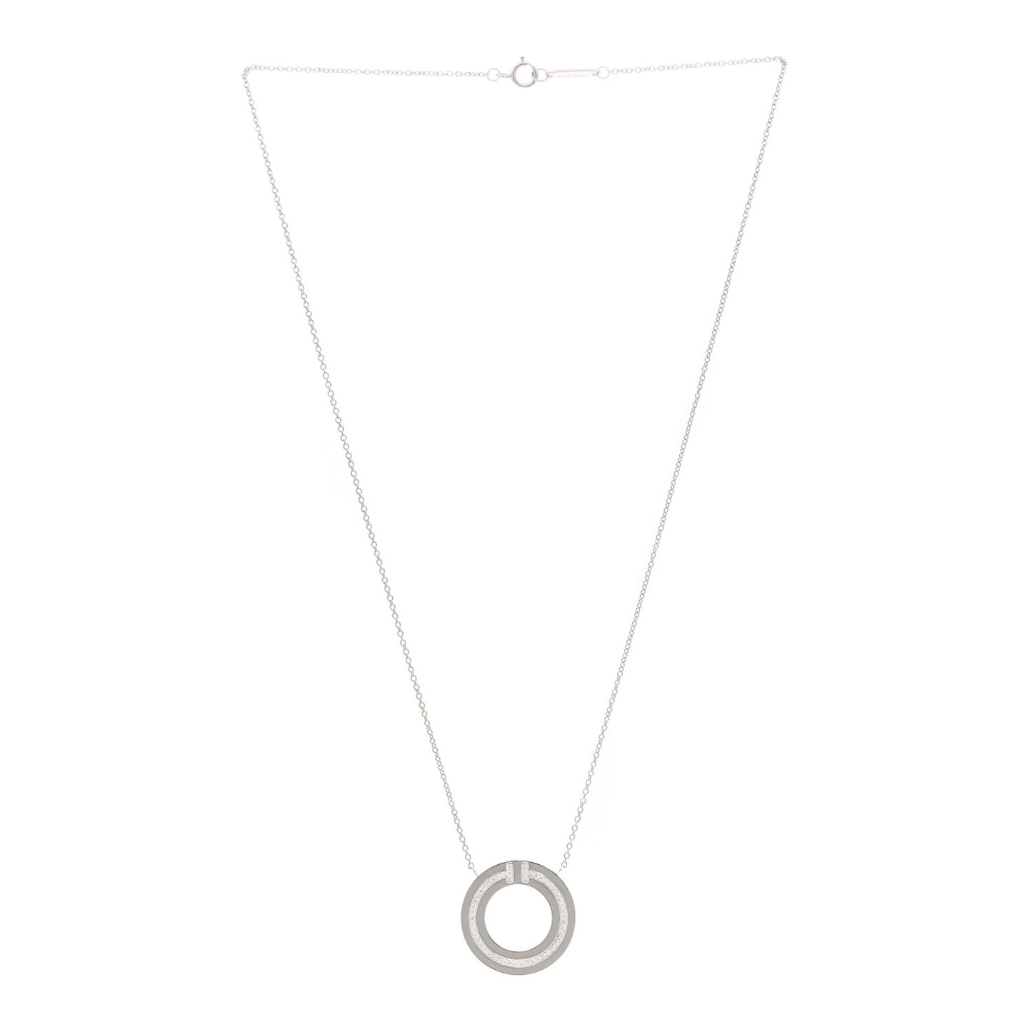 18K White Gold Diamond T Circle Pendant Necklace