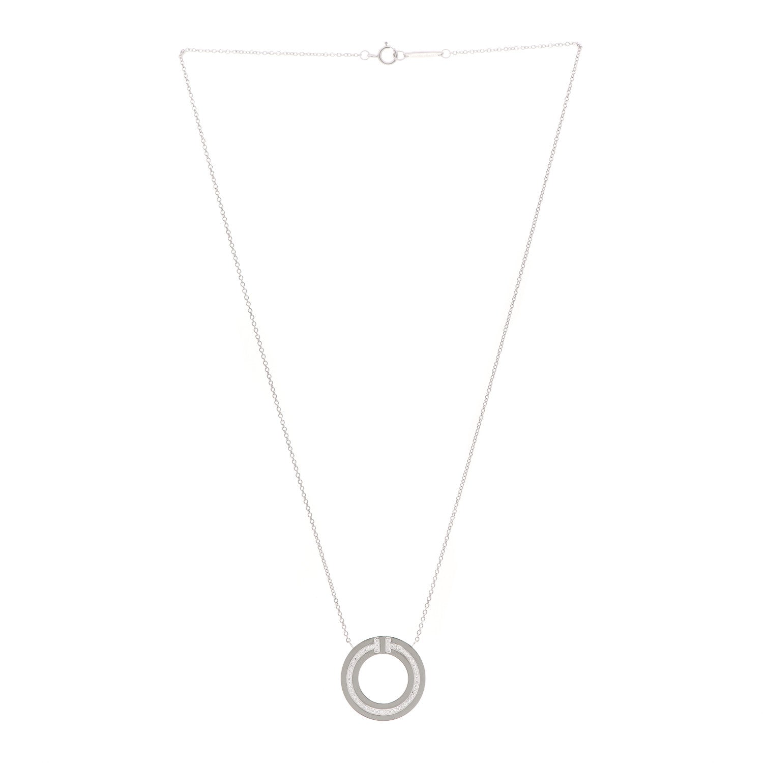 Tiffany 18K White Gold Diamond T Circle Pendant Necklace 3 of 5