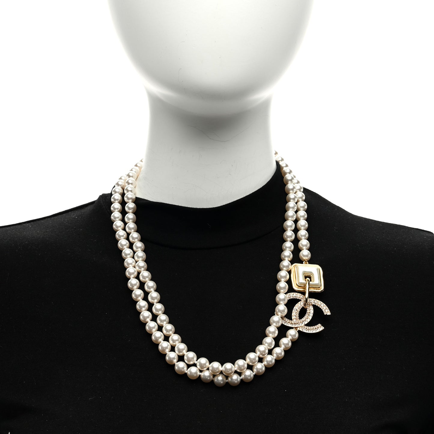 Pearl Crystal CC Square Long Necklace Gold Pearly White