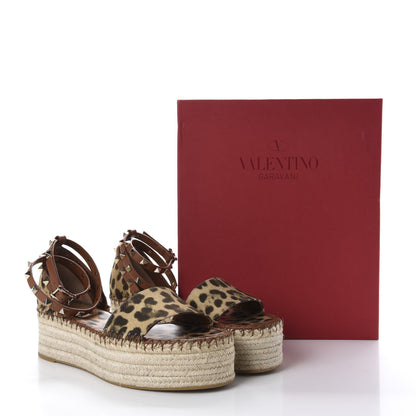 Valentino Garavani Canvas Leopard Print Rockstud Ankle Wrap Espadrille Flatform Sandals 39 Brown 10 of 10