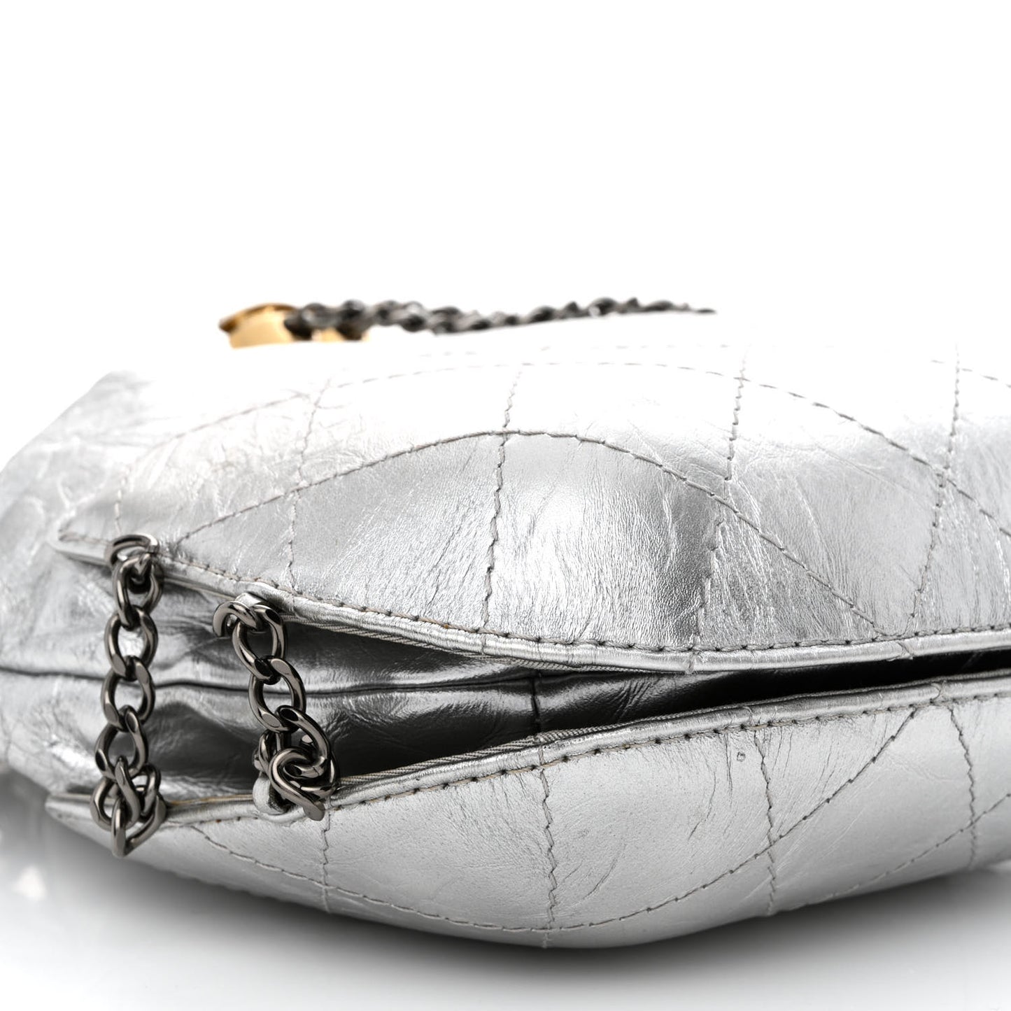 Metallic Aged Calfskin Quilted Small Gabrielle Bucket Silver