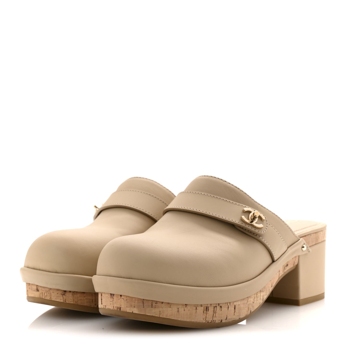 Calfskin CC Turn Lock Clogs 38 Beige