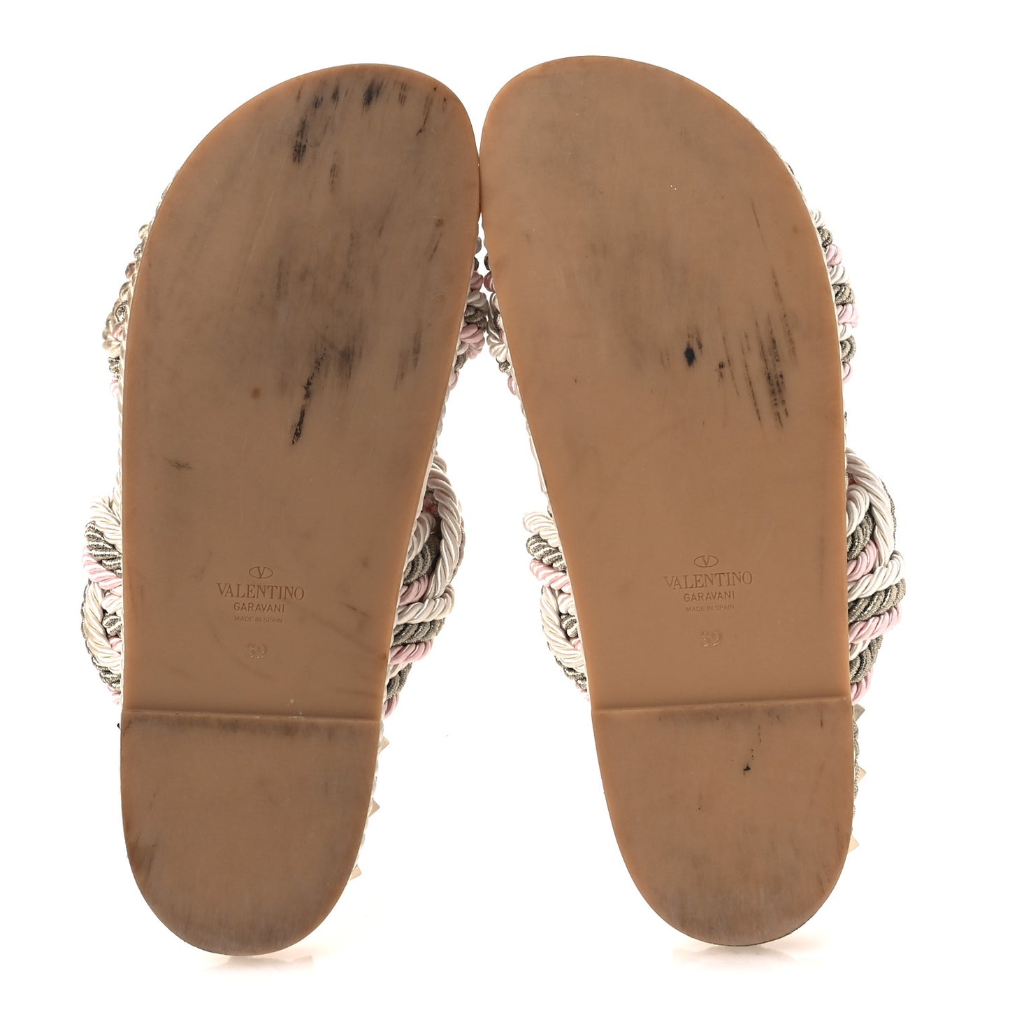 Silk Cord Calfskin Rockstud Rope Espadrille Wedge Sandals 39 Pink
