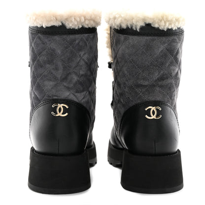 Chanel Calfskin Suede Shearling Lace Up Boots 35.5 Black Grey 5 of 9