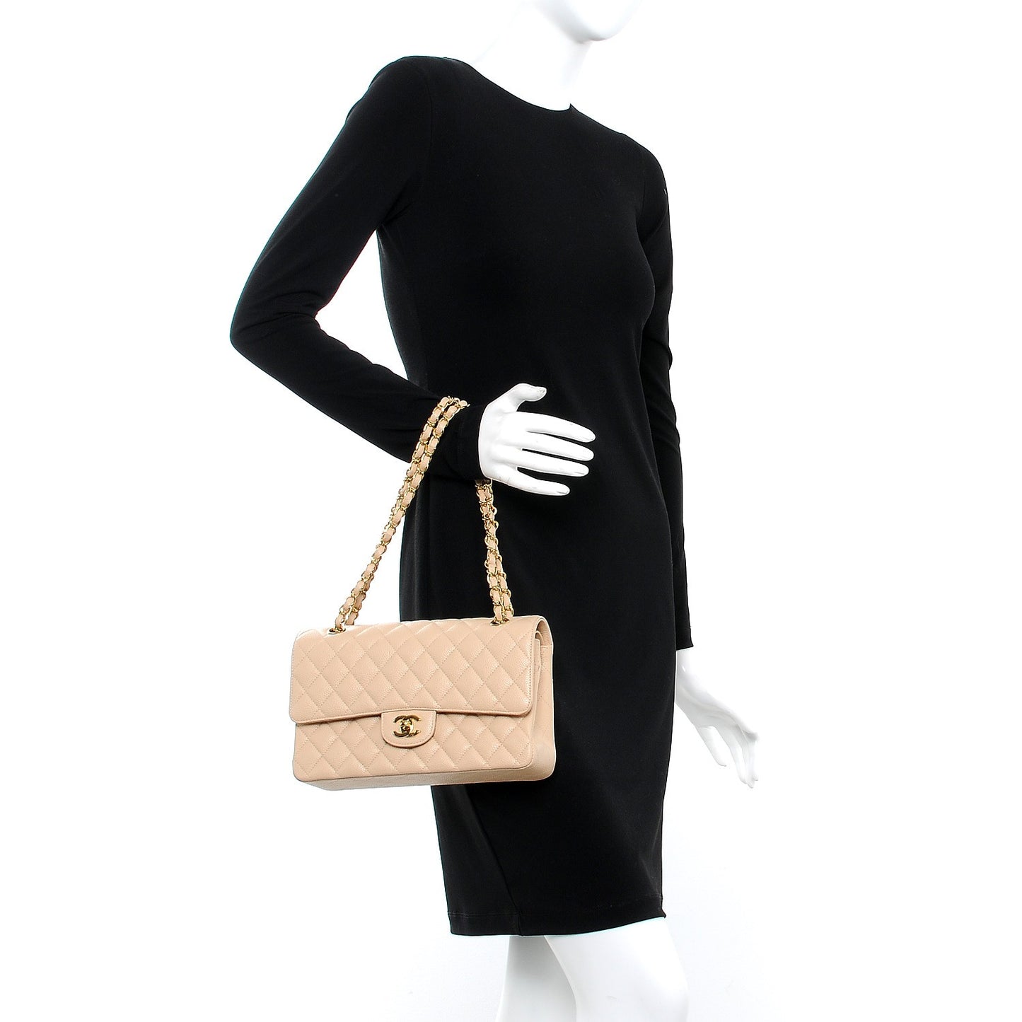 Caviar Quilted Medium Double Flap Beige Clair