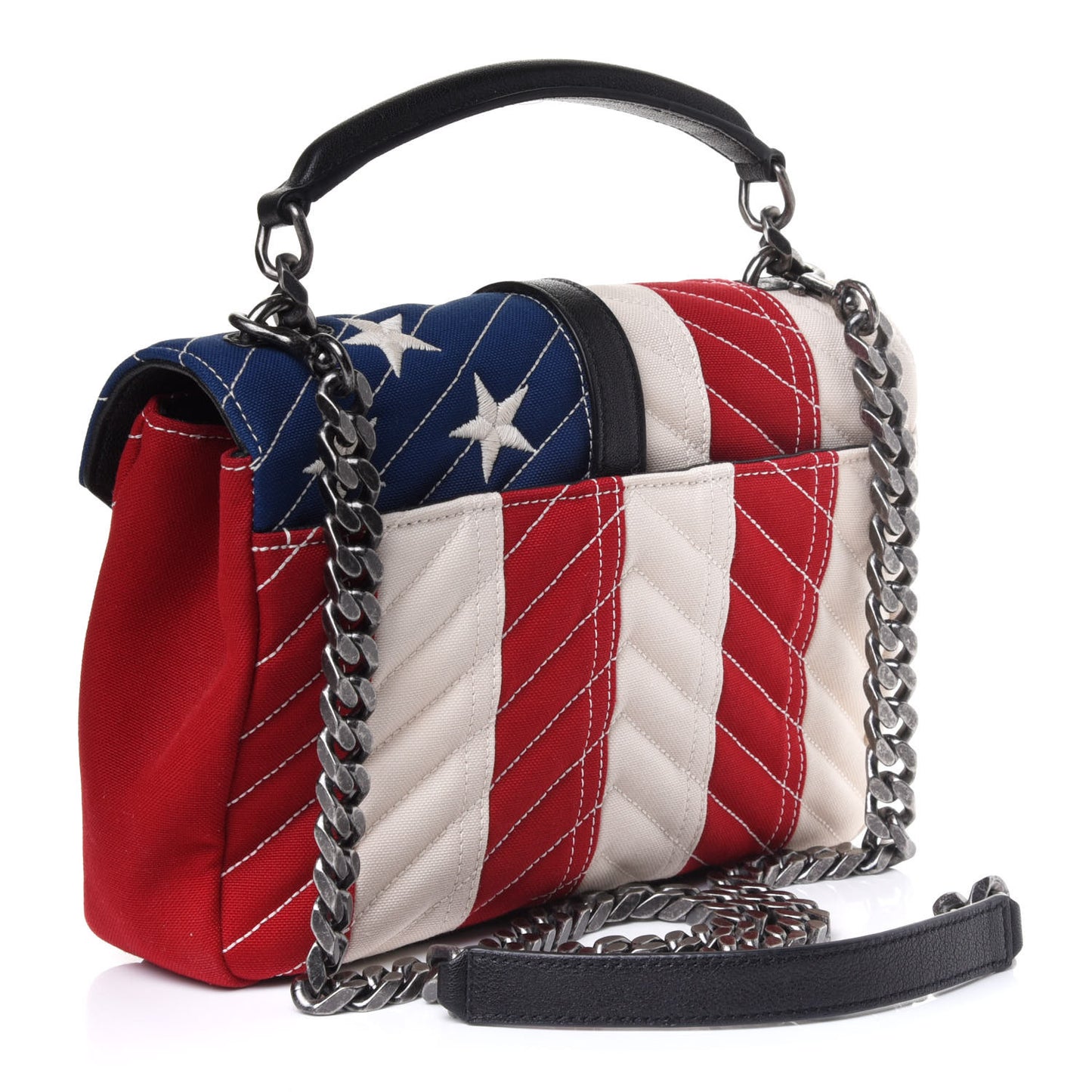 Canvas Matelasse Chevron American Flag Monogram Medium College Bag Red Blue