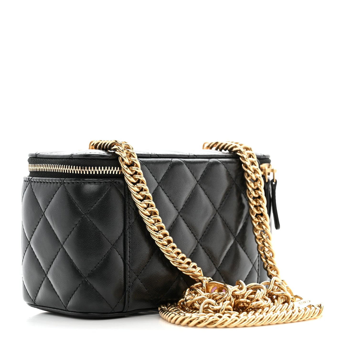 Lambskin Enamel Quilted Logo Small Vanity Case With Chain Black