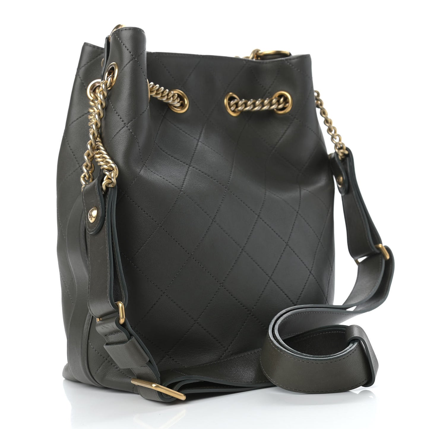 Calfskin Quilted Small On My Shoulder Drawstring Bag Dark Green
