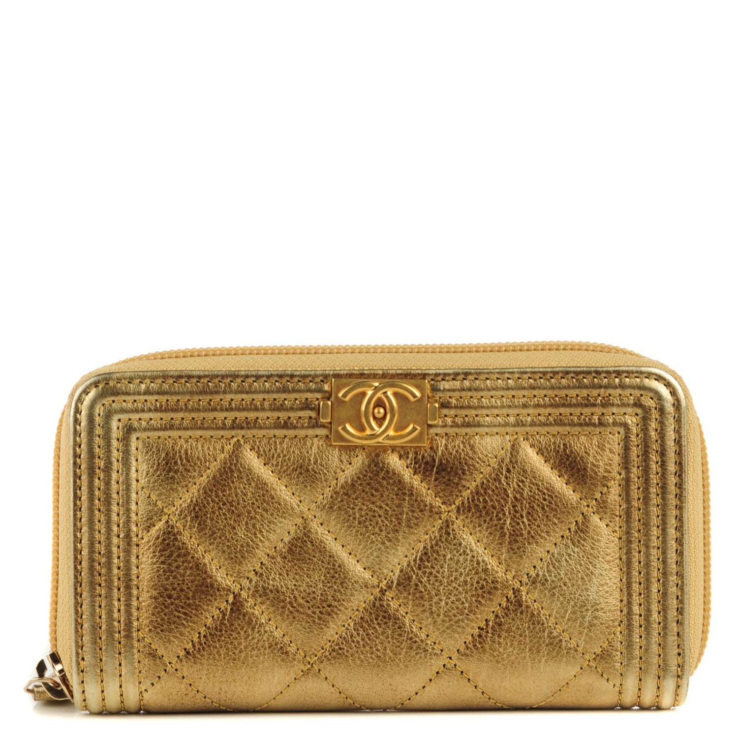 Chanel Metallic Aged Calfskin Quilted Small Boy Zip Around Wallet Gold 1 of 7