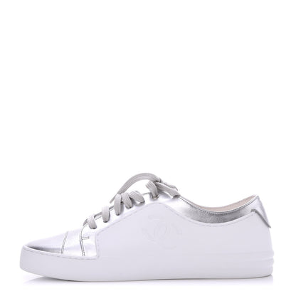 Chanel Iridescent Calfskin Sneakers 38.5 White Silver 1 of 10