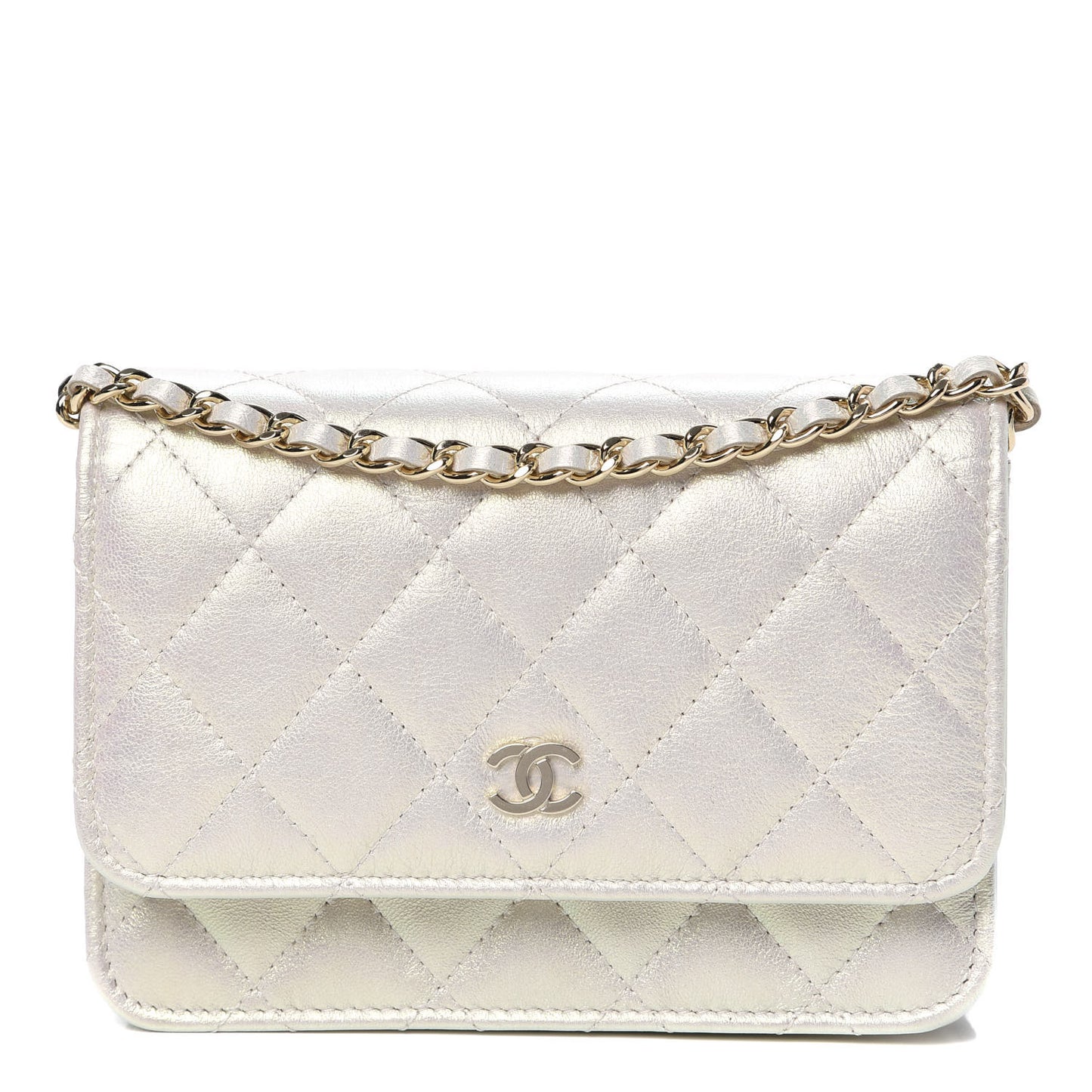 Iridescent Lambskin Quilted Mini Wallet On Chain WOC Ivory