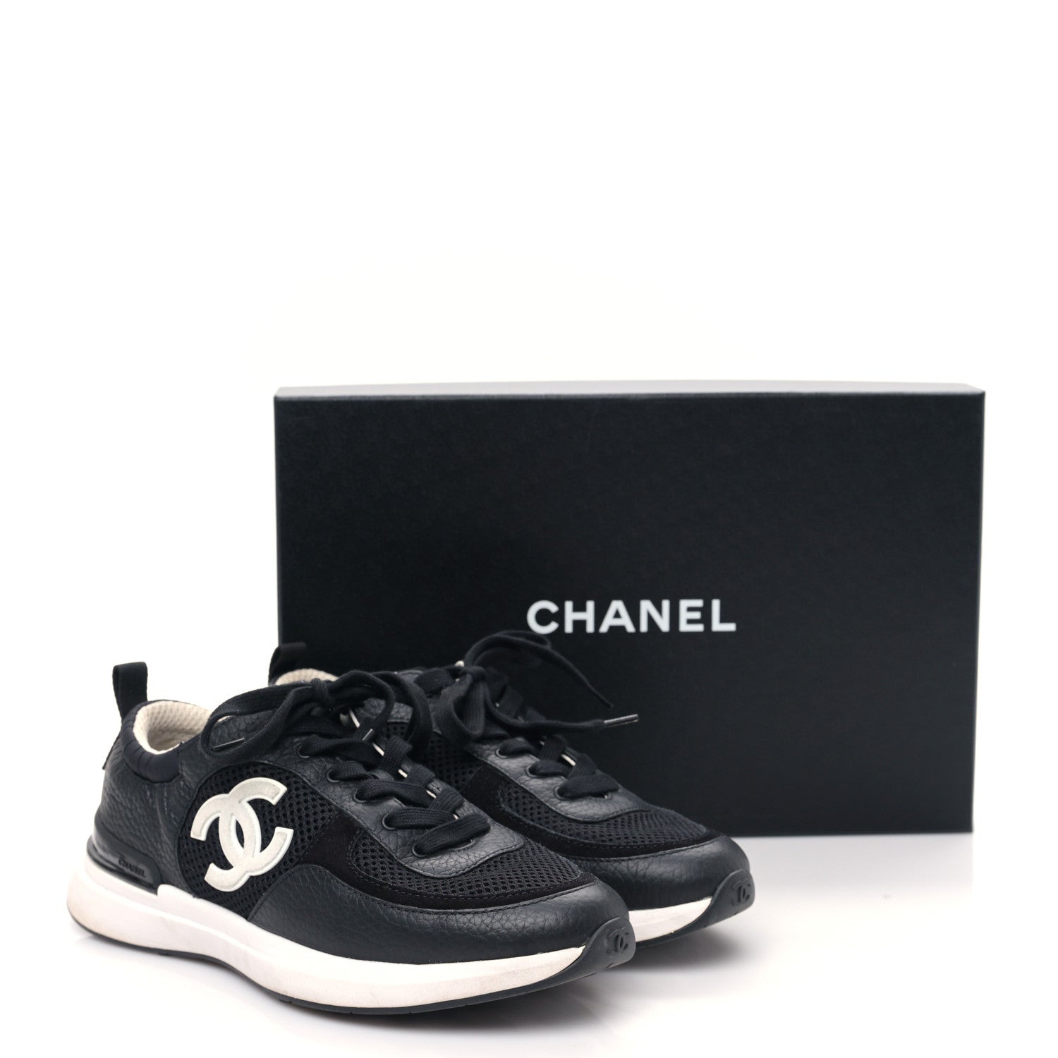 Chanel Calfskin Mesh Lycra Suede Womens Logo Sneakers 38.5 Black 10 of 10