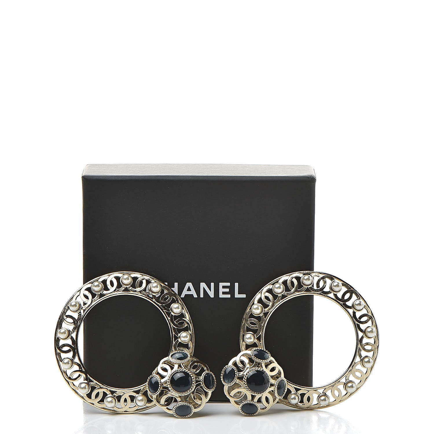 Chanel Pearl Enamel Hoop Clip On Earrings Gold Blue 5 of 5