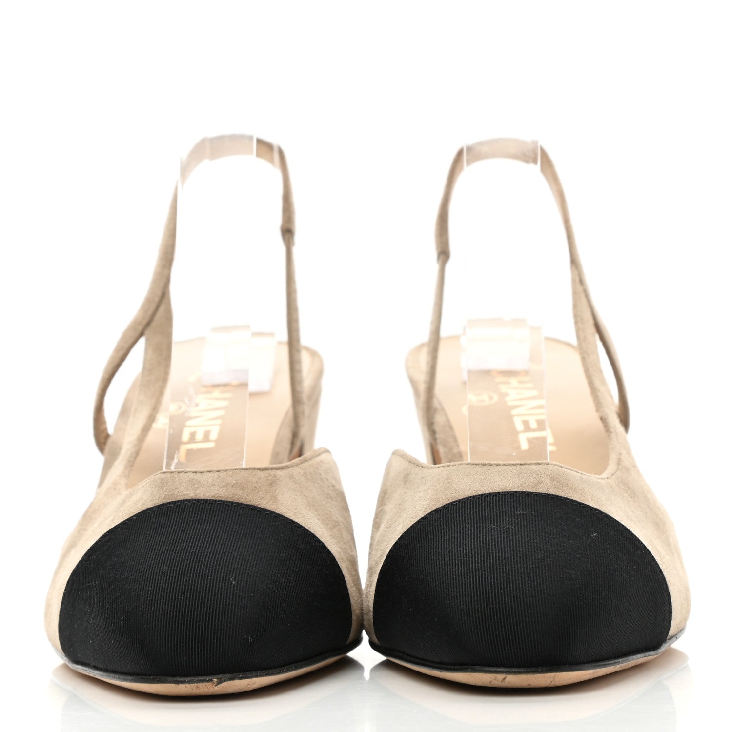 Chanel Kid Suede Grosgrain Cap Toe CC Slingback Sandals 39 Beige Black 2 of 9