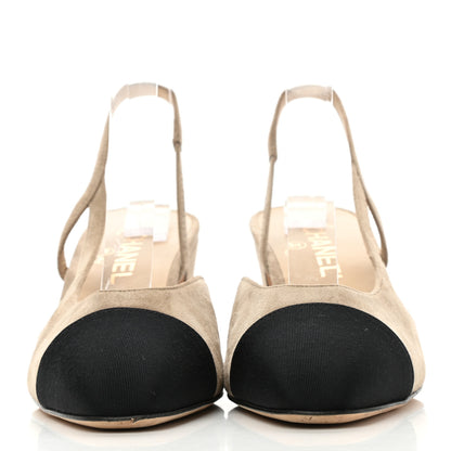 Chanel Kid Suede Grosgrain Cap Toe CC Slingback Sandals 39 Beige Black 2 of 9