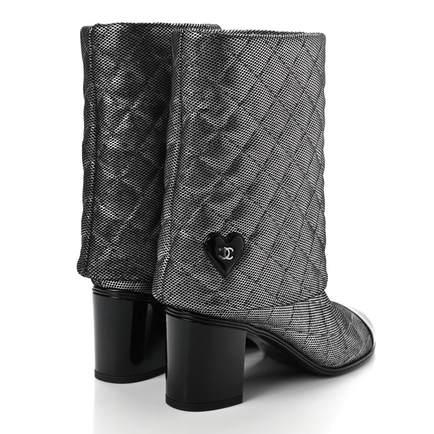 Fantasy Calfskin Patent Foldover CC Cap Toe Clover Short Boots 36 Silver Black