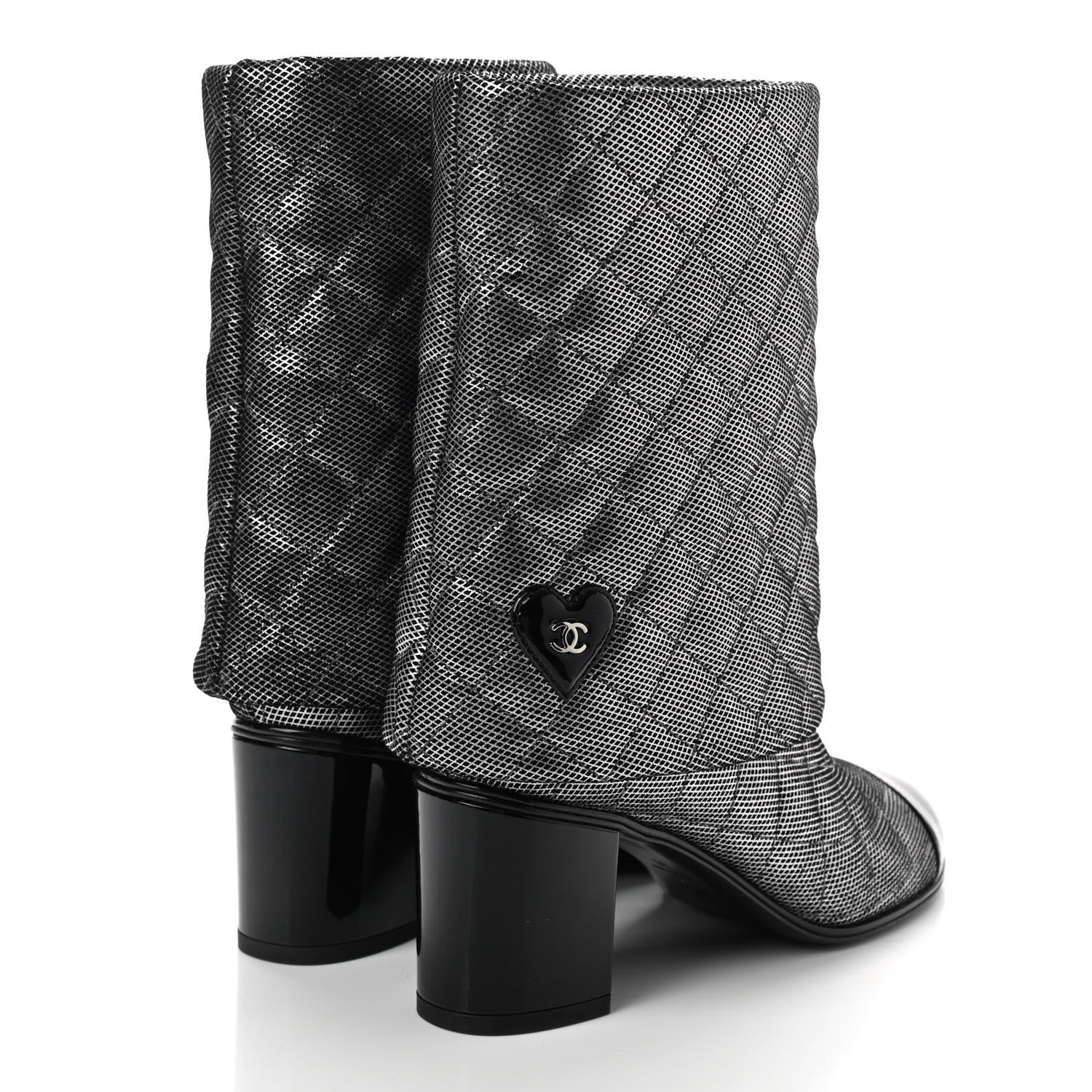 Chanel Fantasy Calfskin Patent Foldover CC Cap Toe Clover Short Boots 36 Silver Black 4 of 8