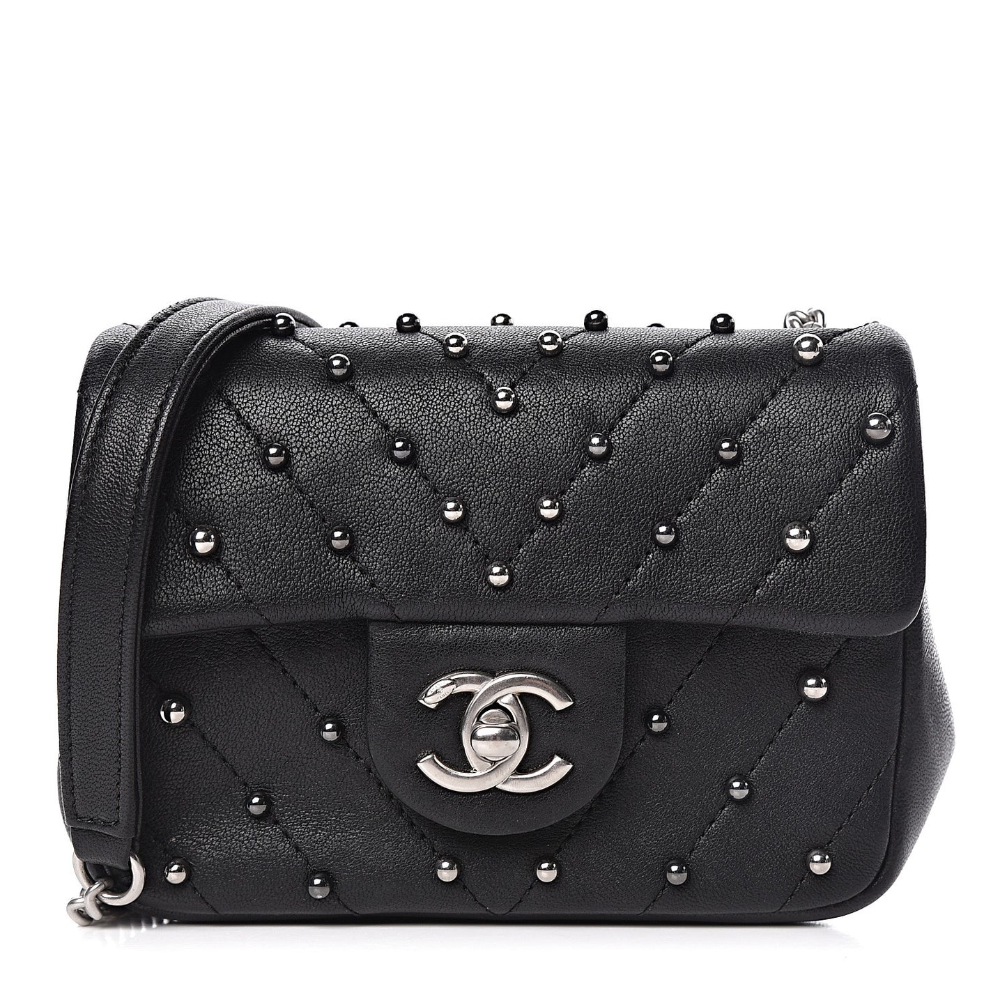 Lambskin Chevron Quilted Studded Mini Flap Black
