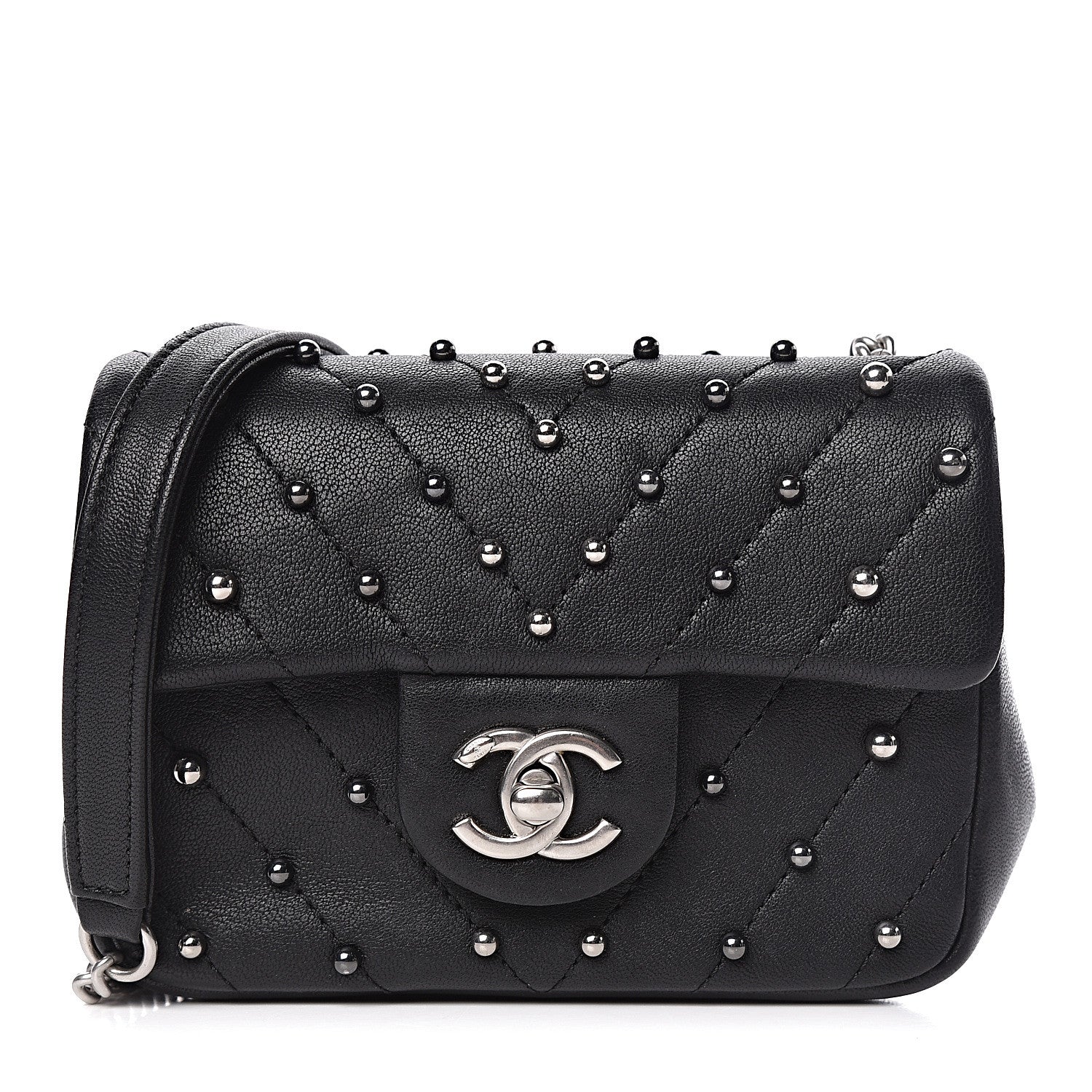 Chanel Lambskin Chevron Quilted Studded Mini Flap Black 1 of 12