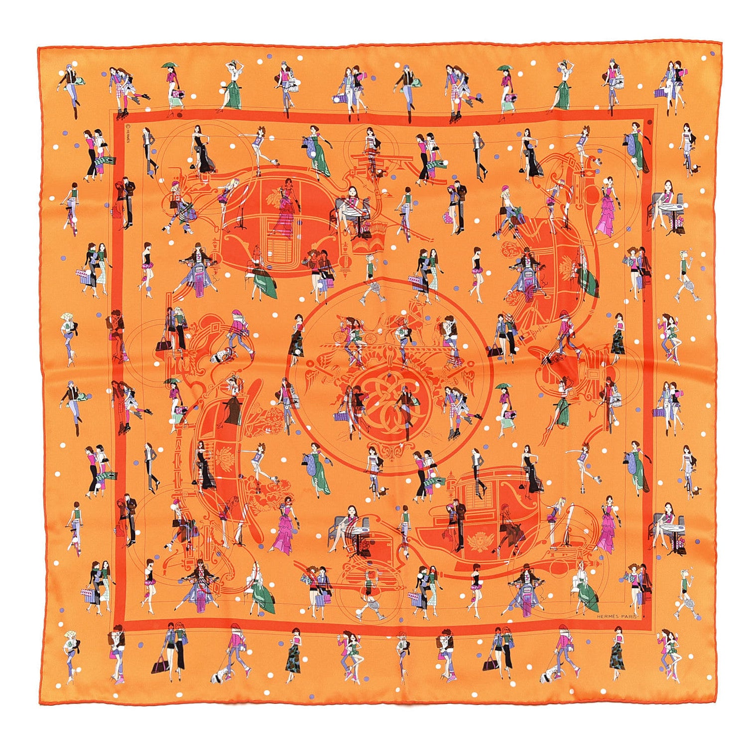 Hermes Silk Ex-Libris Les Parisie Scarf 70 Orange Brique Fuschia 1 of 5