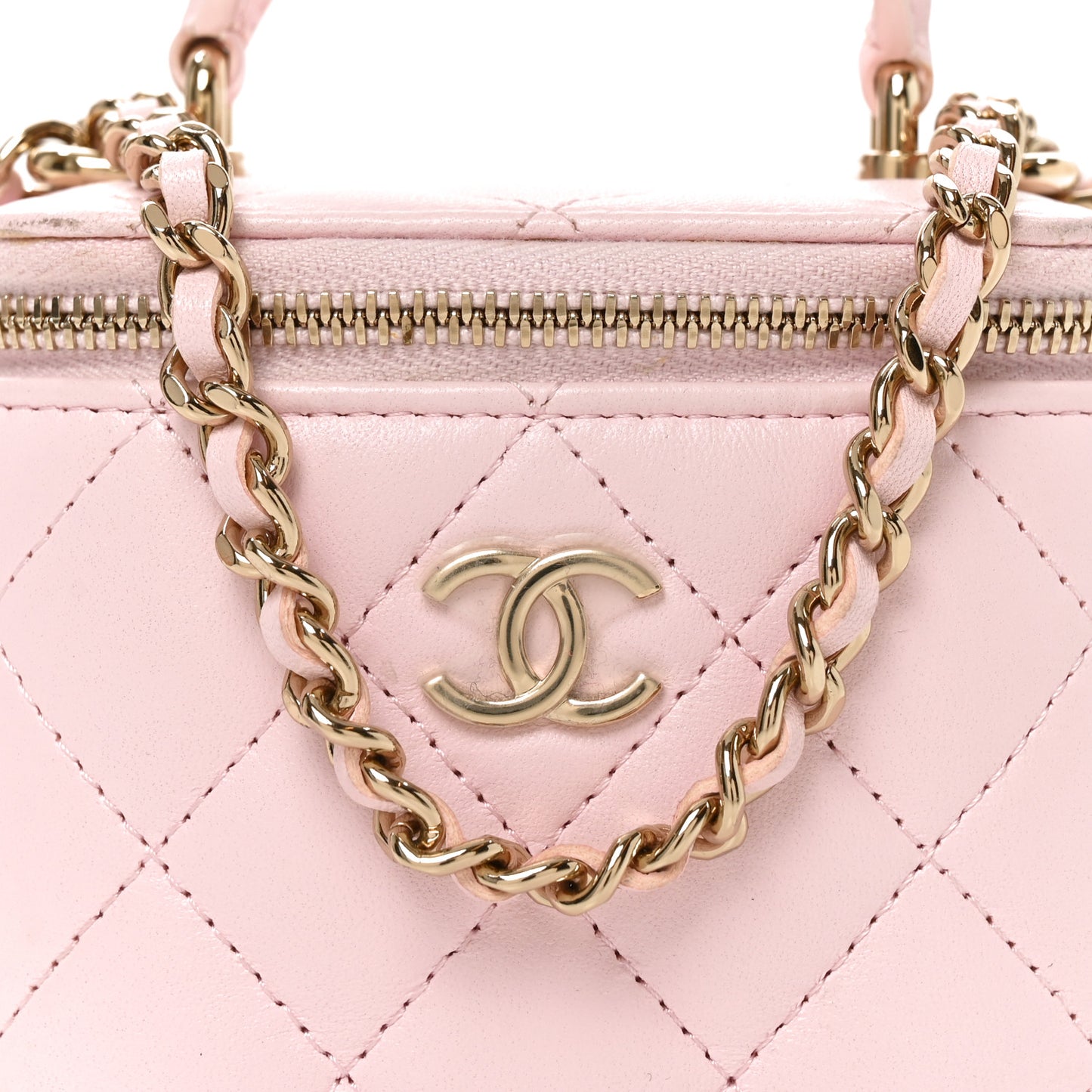 Lambskin Quilted Mini Top Handle Vanity Case With Chain Light Pink