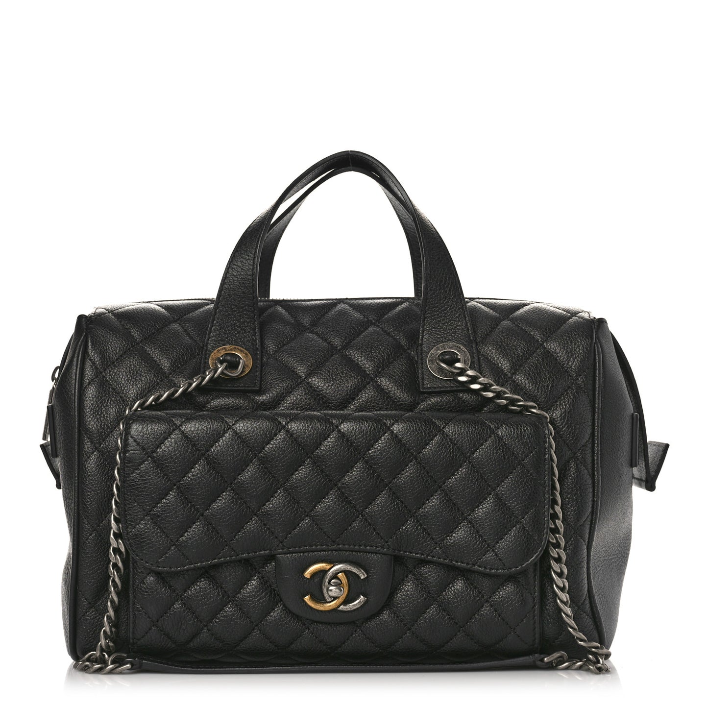 Grained Calfskin Quilted Large Casual Pocket Bowling Bag Black