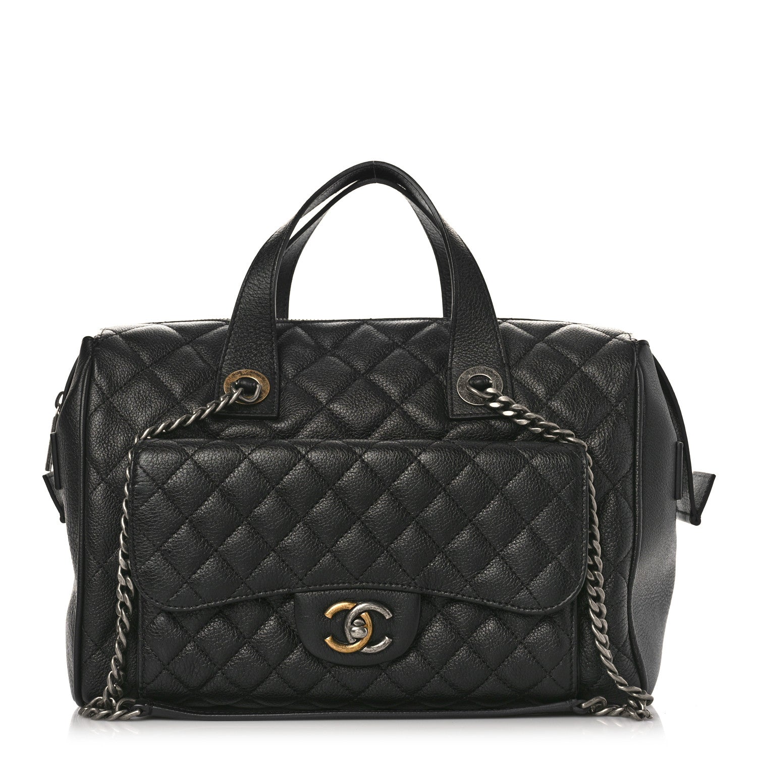 Chanel Grained Calfskin Quilted Large Casual Pocket Bowling Bag Black 1 of 9