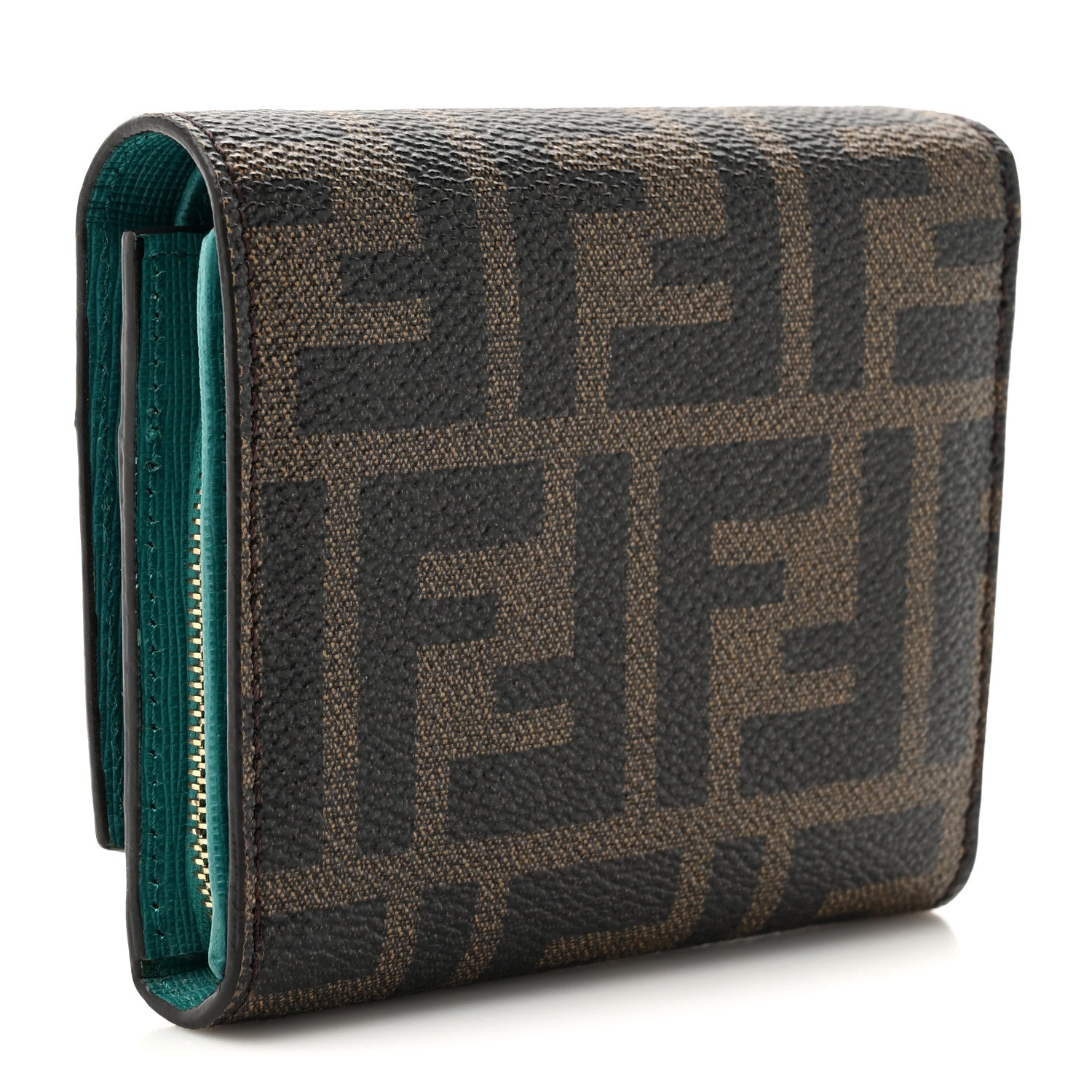 Fendi Vitello Elite Zucca Compact Wallet Tobacco Turquoise 3 of 9