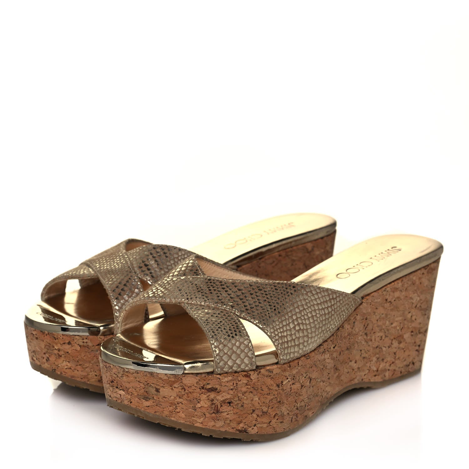 Jimmy Choo Metallic Suede Snakeskin Embossed Prima Cork Wedge Sandals 36.5 Gold 3 of 11